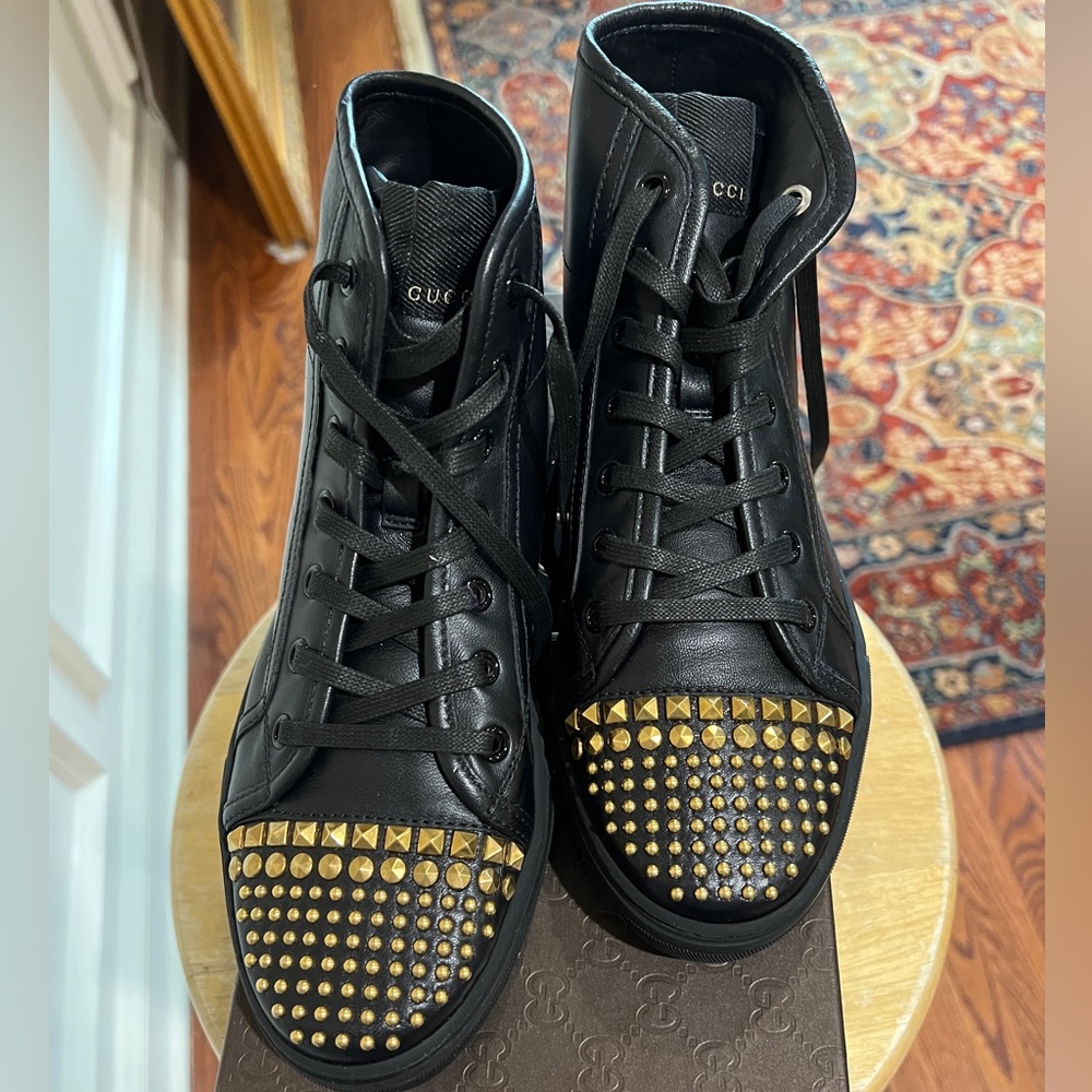 Gucci Hightop Gold Studded Black Leather Sneakers Size 37( US7)